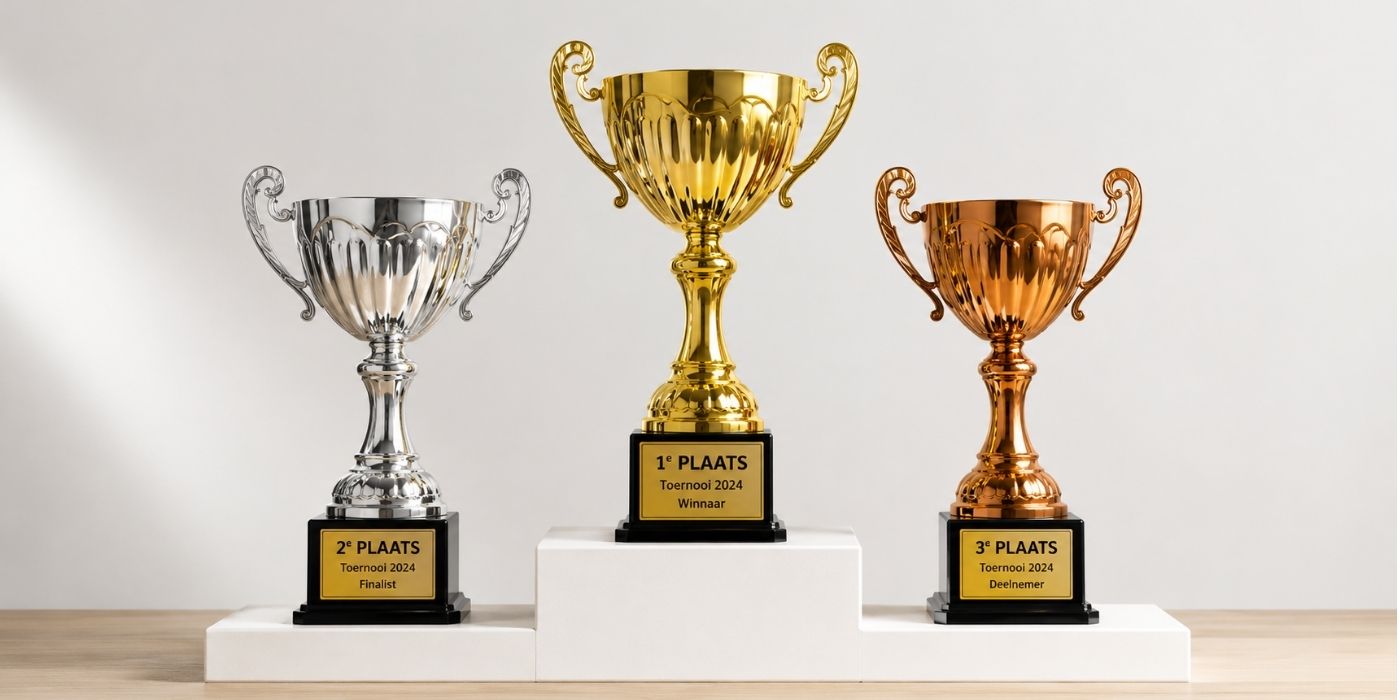Sportbekers met tekstplaatje
